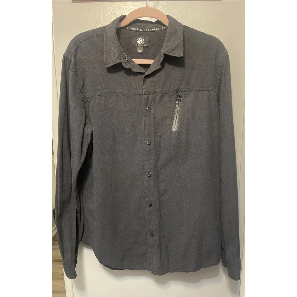 Rock & Republic Mens Button Up Shirt Large  Black Long Sleeve Metal Buttons
